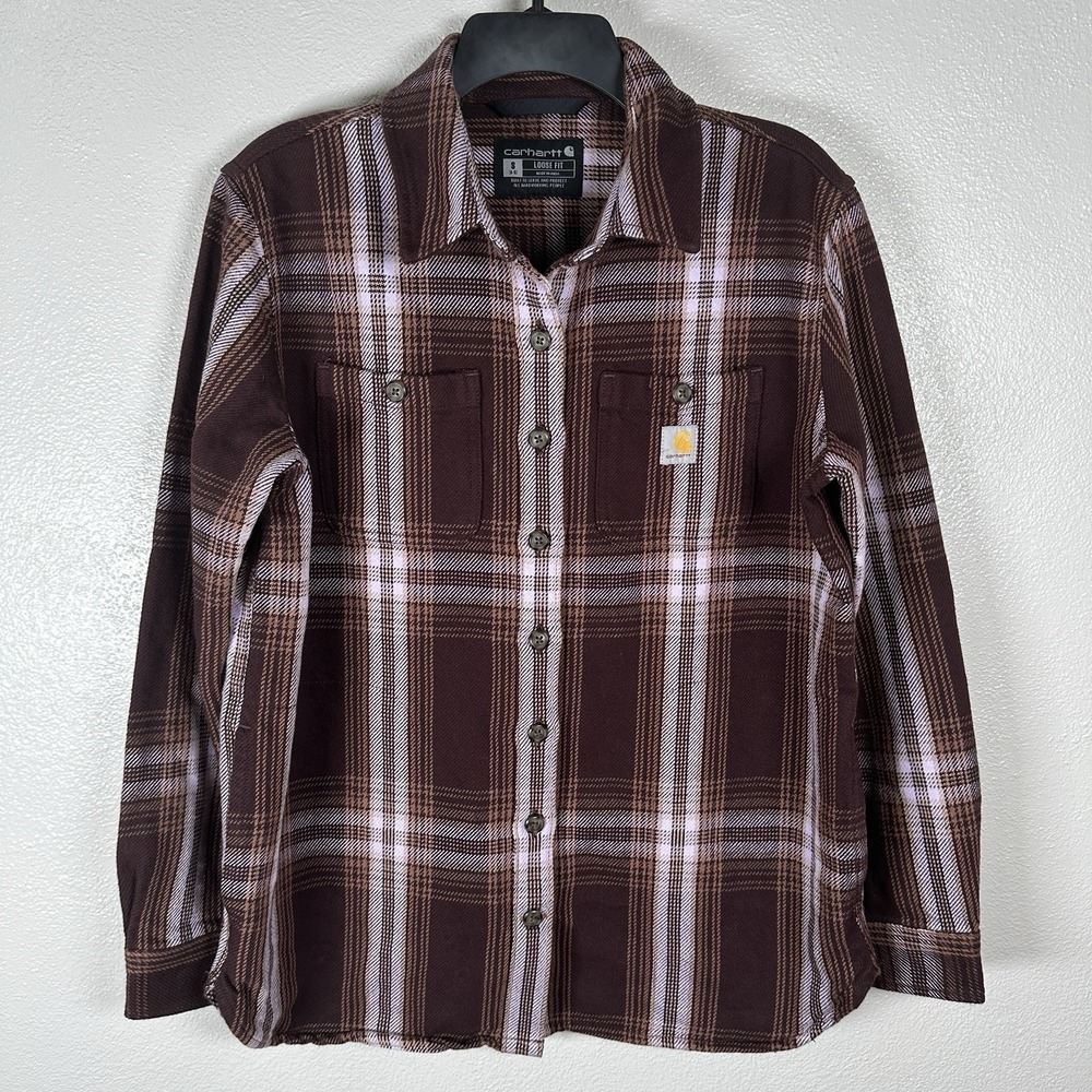 Carhartt Loose Fit Twill Shacket Womens Size Small Brown Plaid Cotton TW5991-W